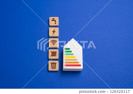Energy efficient house and utilities. Concept of house autonomy. Smart homes powered by renewable energy and designed for efficient utility usage. Future of sustainable living. 126328117