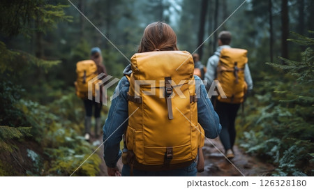 Back view of a group of friends hiking through a lush green forest trail 126328180