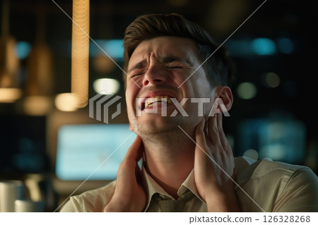 Close-up of a businessman showing pain and discomfort Close-up of a businessman showing pain and discomfort 126328268