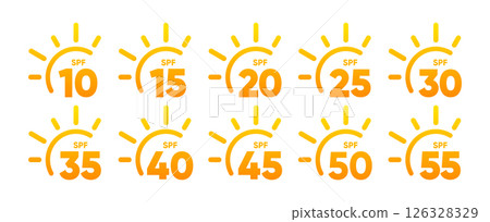 UV Protection. Ultraviolet Rays Icon. Sunblock. Skin care. SPF sun resistant. Sun UV level. Isolated Vector Illustration. 126328329