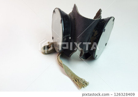 vintage leather safety glasses on white background 126328409