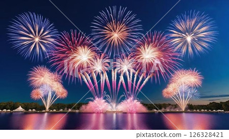 Fireworks on the lakeside - a spectacular sight that lights up the summer night sky 126328421