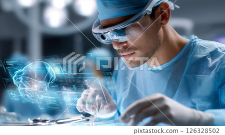 Asian male surgeon using augmented reality in advanced surgical procedure. 126328502