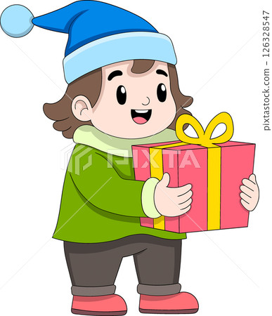 Chubby Boy Carrying Surprise Birthday Gift for Friend 126328547