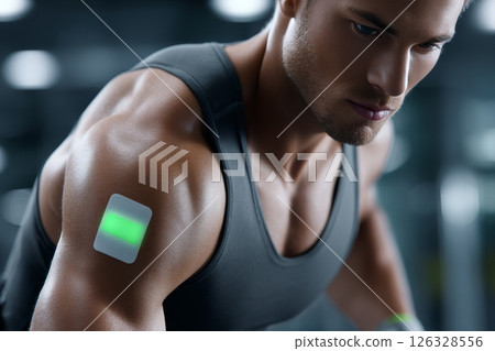 Young caucasian male with fitness tracker patch in gym setting. Young caucasian male with fitness tracker patch in gym setting. 126328556