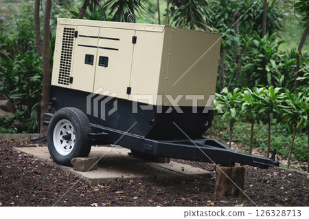 Portable generator positioned on plot surrounded by lush greenery in daylight 126328713