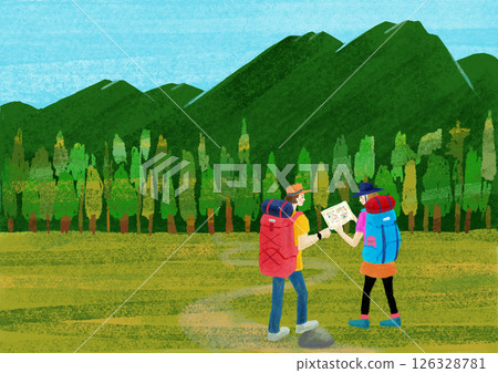徒步旅行時檢查路線的夫婦 126328781