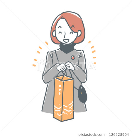 圖:一位微笑的女人拿著一個裝有清酒瓶的紀念袋 圖:一位微笑的女人拿著一個裝有清酒瓶的紀念袋 126328904