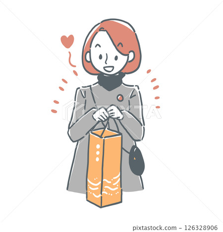 Illustration of a happy woman holding a souvenir bag filled with sake bottles 126328906
