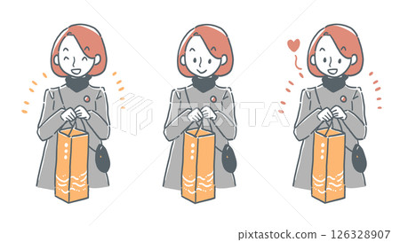 Illustration set of a woman holding a souvenir bag containing sake bottles 126328907