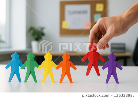 Directors suit and ID badge placed on an empty chair at a minimalist office desk with a clipboard, pen and wristwatch under soft daylight 126328983