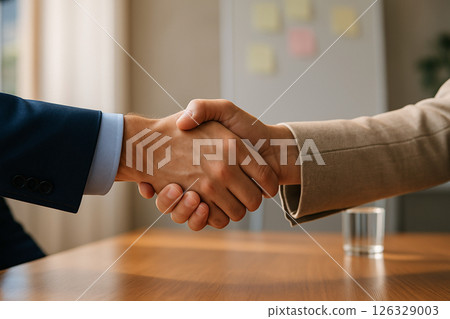 Directors suit and ID badge placed on an empty chair at a minimalist office desk with a clipboard, pen and wristwatch under soft daylight 126329003