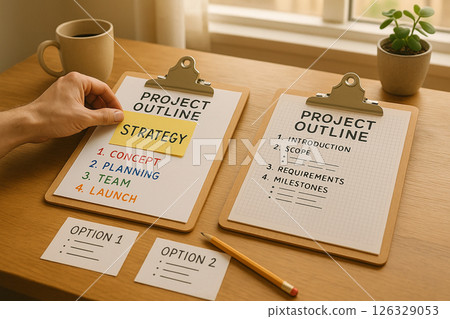 Directors suit and ID badge placed on an empty chair at a minimalist office desk with a clipboard, pen and wristwatch under soft daylight 126329053