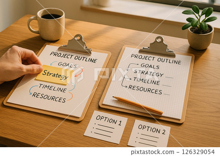 Directors suit and ID badge placed on an empty chair at a minimalist office desk with a clipboard, pen and wristwatch under soft daylight 126329054