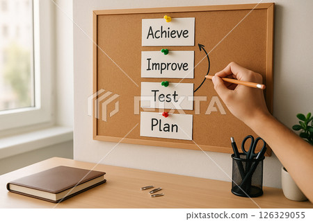 Directors suit and ID badge placed on an empty chair at a minimalist office desk with a clipboard, pen and wristwatch under soft daylight 126329055
