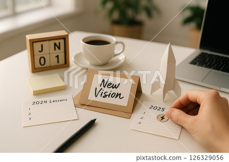 Directors suit and ID badge placed on an empty chair at a minimalist office desk with a clipboard, pen and wristwatch under soft daylight 126329056