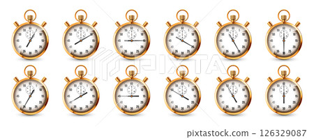 Realistic classic stopwatch. Shiny golden metal chronometer, time counter with dial. Countdown timer showing minutes and seconds. Time measurement for sport, start, finish. Vector illustration 126329087