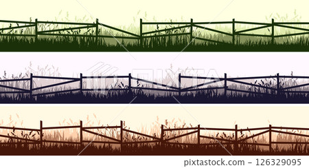 Meadow silhouettes with grass and old wooden fence. Countryside, panoramic summer lawn rural landscape with herbs, weeds. Herbal border, frame element. Brown horizontal banners. Vector illustration Meadow silhouettes with grass and old wooden fence. Countryside, panoramic summer lawn rural landscape with herbs, weeds. Herbal border, frame element. Brown horizontal banners. Vector illustration 126329095