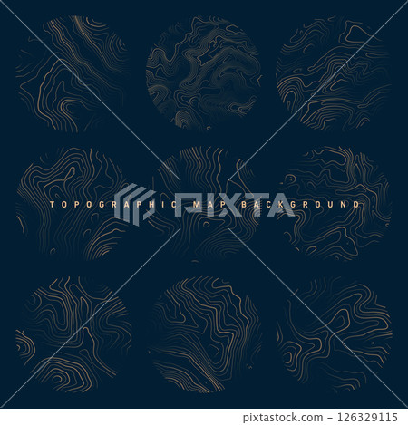 Colorful topographic maps with contour lines. Geographic terrain grid, relief height elevation. Ground path pattern. Travel and navigation, cartography design element. Vector illustration 126329115