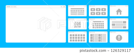 Web browser window, pages layout with toolbar and search field. Modern website, internet page in flat style. Browser mockup for computer, tablet and smartphone. Adaptive UI. Vector illustration 126329117