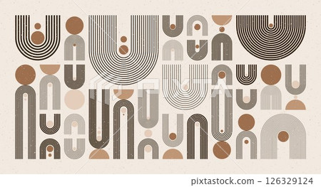 Arch and circle elements, modern geometric shapes. Contemporary design, mid century minimalist art. Trendy design elements for wall decor, posters, books, covers and flyers. Vector illustration Arch and circle elements, modern geometric shapes. Contemporary design, mid century minimalist art. Trendy design elements for wall decor, posters, books, covers and flyers. Vector illustration 126329124
