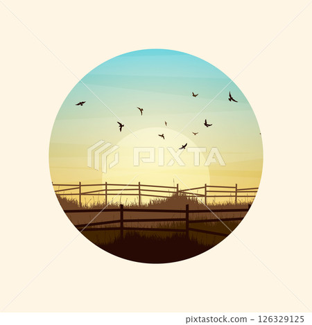 Meadow silhouettes with grass and old wooden fence. Countryside, round panoramic summer lawn rural landscape with herbs, weeds. Agriculture and farming. Summer sunset in nature. Vector illustration Meadow silhouettes with grass and old wooden fence. Countryside, round panoramic summer lawn rural landscape with herbs, weeds. Agriculture and farming. Summer sunset in nature. Vector illustration 126329125