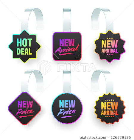 Colorful neon supermarket promotional wobblers. Realistic wobbler template for shelf advertising. Sale or discount label with ad text. Special offer price tag. Vector illustration Colorful neon supermarket promotional wobblers. Realistic wobbler template for shelf advertising. Sale or discount label with ad text. Special offer price tag. Vector illustration 126329126