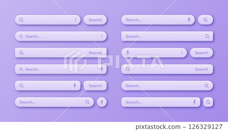 Colorful 3d search bar templates. Internet browser engine with search box, address bar and text field. UI design, website interface element with web icons and push button. Vector illustration Colorful 3d search bar templates. Internet browser engine with search box, address bar and text field. UI design, website interface element with web icons and push button. Vector illustration 126329127