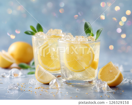 A refreshing drink photo of lemon soda and mint in a glass 126329158