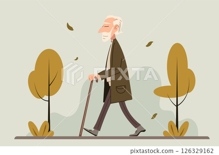 Elderly man walking with cane in autumn park flat vector illustration for aging lifestyle health and retirement concept 126329162