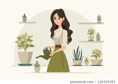 Woman watering houseplants in cozy room flat vector illustration for gardening lifestyle plant care and home decor concept Woman watering houseplants in cozy room flat vector illustration for gardening lifestyle plant care and home decor concept 126329163