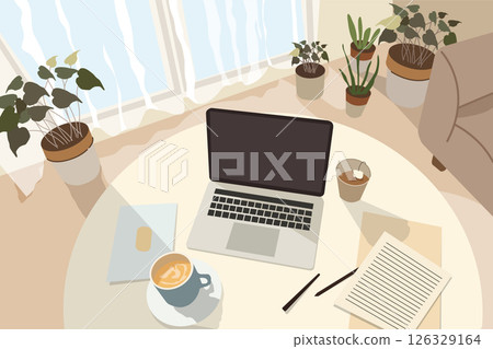 Cozy home office desk setup with laptop coffee cup notebook and houseplants flat vector illustration for work from home productivity and creative lifestyle concept 126329164