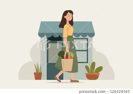 Woman carrying eco grocery bag with vegetables flat vector illustration for organic food shopping and sustainable lifestyle concept 126329165