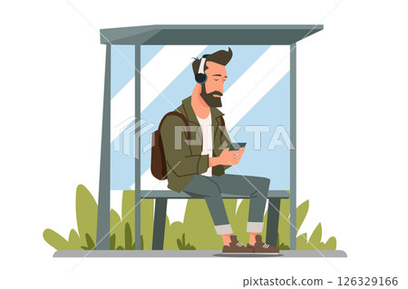 Man listening to music at bus stop with smartphone flat vector illustration for urban commute digital lifestyle and waiting routine concept Man listening to music at bus stop with smartphone flat vector illustration for urban commute digital lifestyle and waiting routine concept 126329166