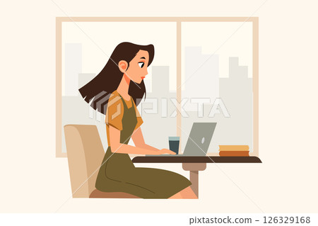Woman working on laptop at coffee shop flat vector illustration for freelance lifestyle productivity and remote work concept Woman working on laptop at coffee shop flat vector illustration for freelance lifestyle productivity and remote work concept 126329168