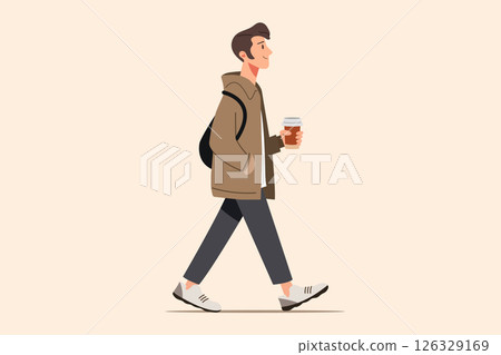 Man walking with coffee cup wearing casual outfit flat vector illustration for modern city lifestyle and daily routine concept 126329169