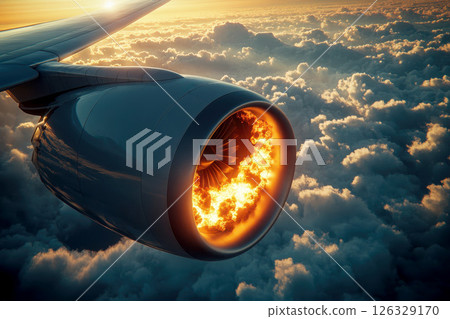 A dramatic scene of an airplane engine on fire while flying above a thick layer of clouds. A dramatic scene of an airplane engine on fire while flying above a thick layer of clouds. 126329170