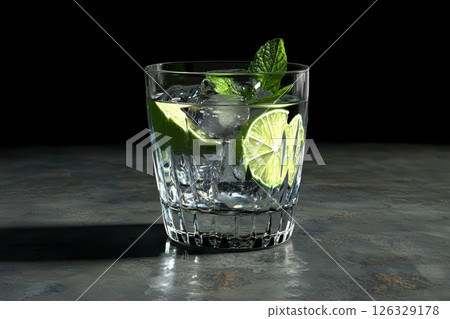 Refreshing mojito cocktail with lime, mint, ice transparent background. 126329178