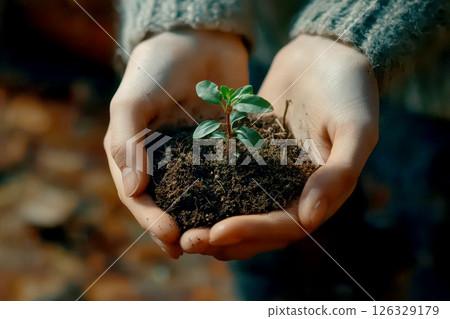 Hands holding and caring a green young plant. Hands holding and caring a green young plant. 126329179