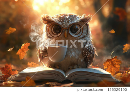 An owl wearing glasses is sitting on an open book in autumn. 126329190