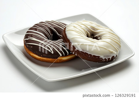 chocolate donut and white donut with on plate, isolated white in background. 126329191