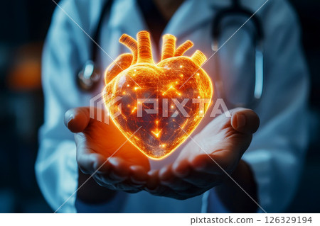 medical doctor holding glowing digital heart hologram, symbolizing advanced healthcare technology. 126329194
