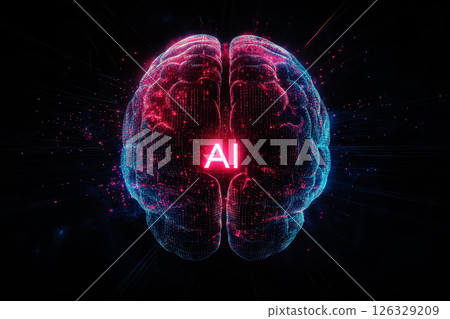 abstract AI head with data streams and binary codes flowing through, surrounded by holographic symbols and digital graphs on a dark background. 126329209