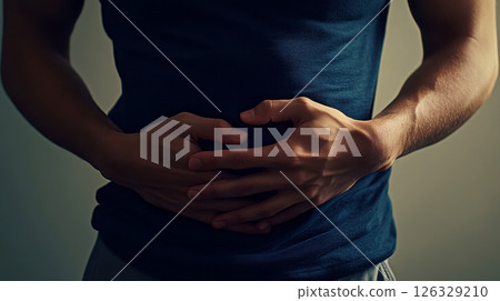 Stomach cramps, hands and man on isolated background. home with menstruation, periods or constipation. Tummy pain, sick and closeup of female person rubbing belly for IBS, endometriosis or virus in 126329210