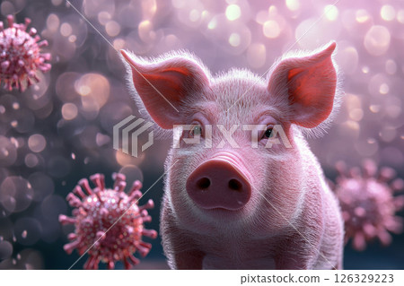 A pig is standing in front of virus particles. A pig is standing in front of virus particles. 126329223