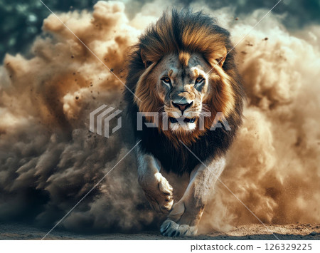 A lion is running through a cloud of dust A lion is running through a cloud of dust 126329225