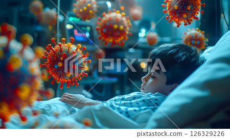 Child in hospital bed surrounded by glowing hmpv particles human metapneumovirus infection and pathogenesis. Child in hospital bed surrounded by glowing hmpv particles human metapneumovirus infection and pathogenesis. 126329226