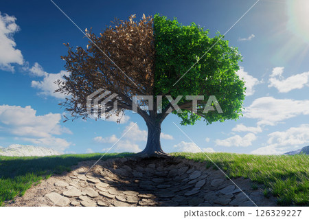 Half dead and alive tree outdoors, Environment change and ecology global warming concept. Half dead and alive tree outdoors, Environment change and ecology global warming concept. 126329227