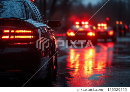 police cars with flashing lights in an emergency scene, at night Generative AI. police cars with flashing lights in an emergency scene, at night Generative AI. 126329233