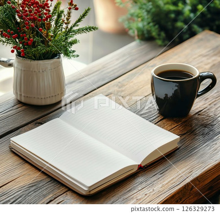 goals list with notebook, coffee cup, plant on wooden table. Resolutions, plan, goals, action, checklist, idea concept. goals list with notebook, coffee cup, plant on wooden table. Resolutions, plan, goals, action, checklist, idea concept. 126329273